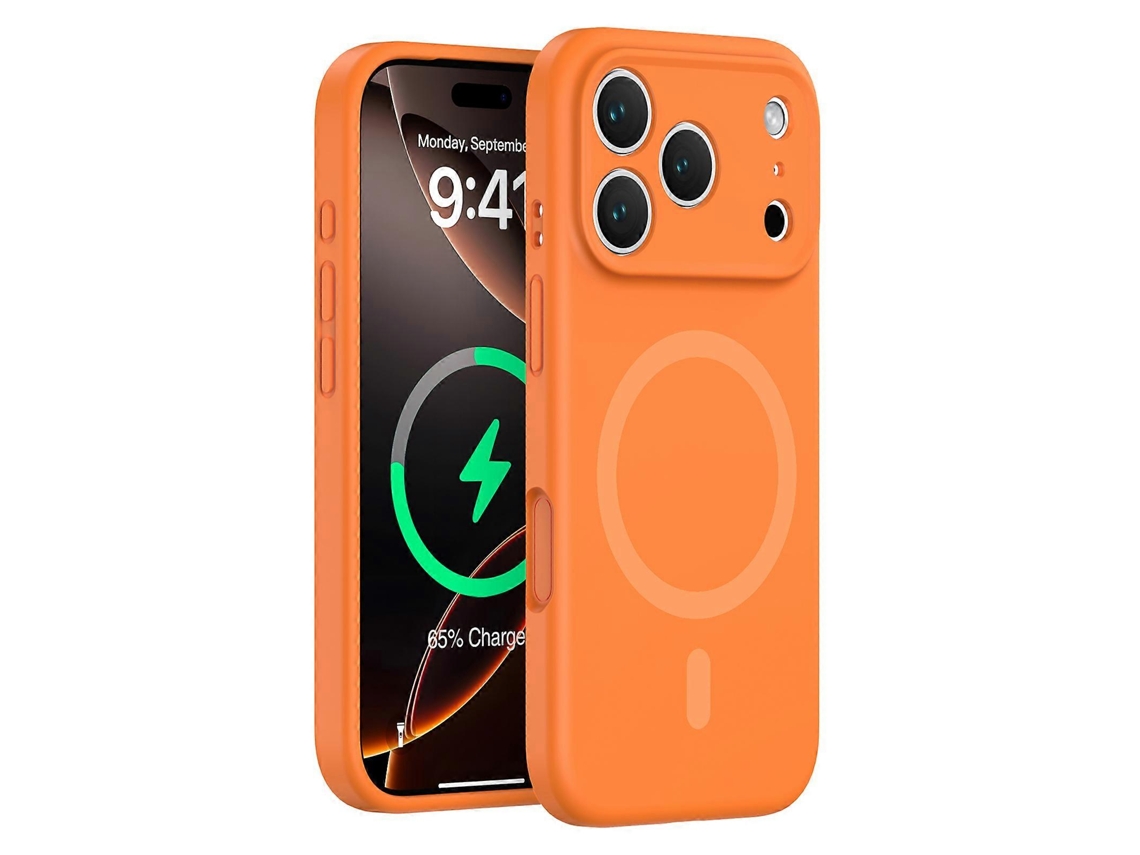 Capa Para Iphone 17 Pro Max Compatível Com Magsafe, Encaixe Preciso, Em Policarbonato E Silicone Líquido, Cor Laranja Fluorescente.
