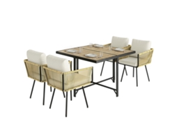 Conjunto De Mesa E Cadeiras De Jardim Em Rattan Com 5 Peças, Composto Por Mesa Em Madeira Sintética E 4 Cadeiras Com Almofadas Removíveis, Bege.
