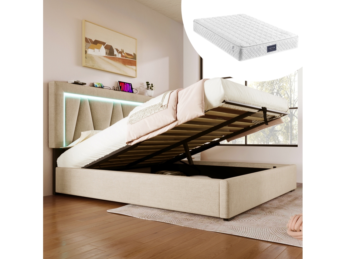 Cama De Casal 160x200 Com Led, Usb-c, Armário E Colchão