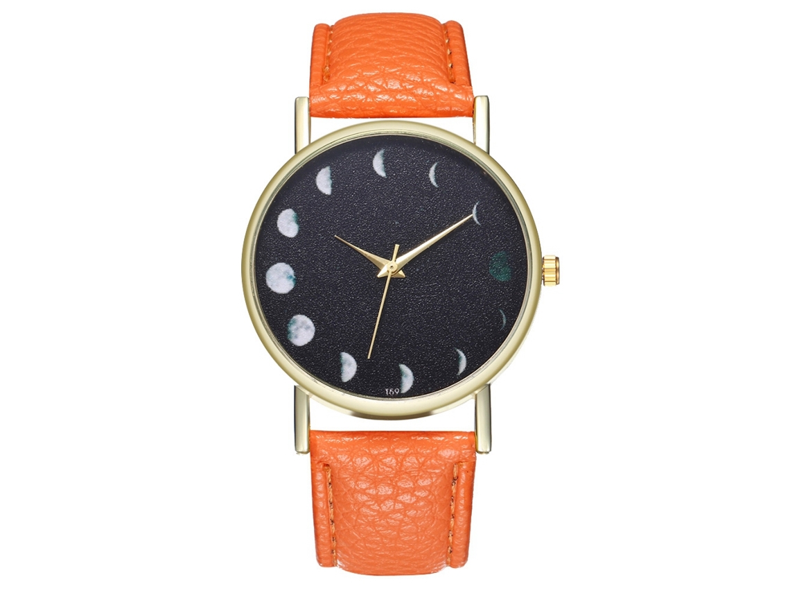 Relógio de quartzo com pulseira de couro PU, design simples e moderno, unissex, laranja lua