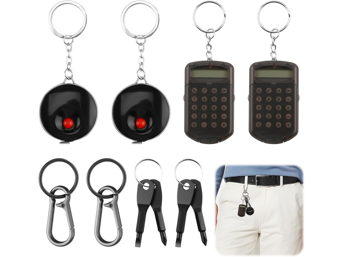 Conjunto De 8 Mini Chaveiros Com Calculadora, Chave Fenda E Fita