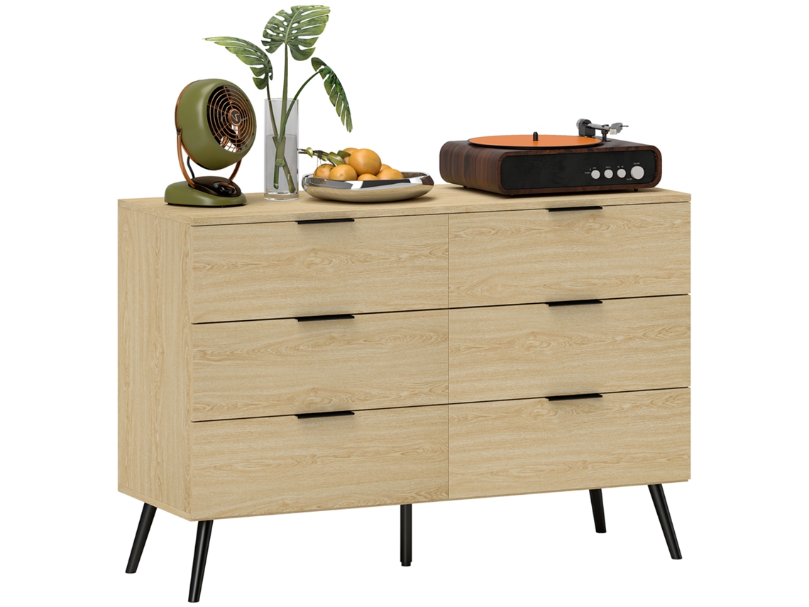 Cómoda 6 Gavetas Em Madeira Para Quarto E Entrada, 110x40x75 Cm, Carvalho