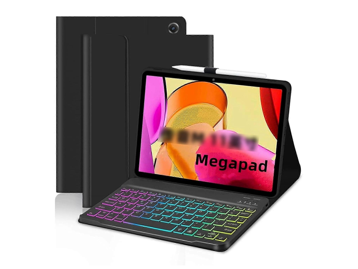 Teclado Bluetooth Com Retroiluminação Rgb, Teclas Quadradas E Capa De Couro Para Tablet Tecno Megapad 11.