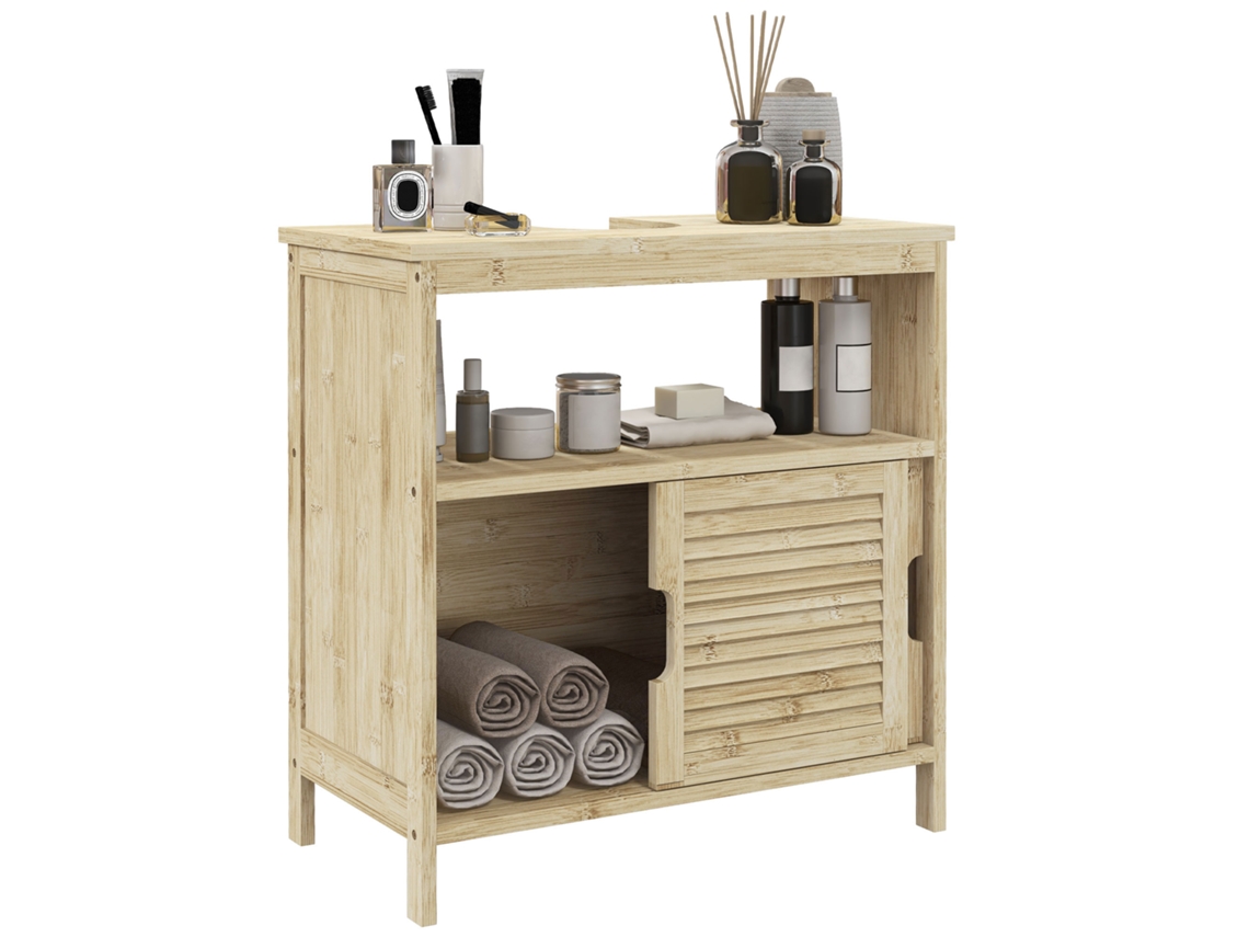 Móvel para lavatório, de bambu, com portas deslizantes de ripas, compartimento aberto, 60x30x60cm | S/MARCA