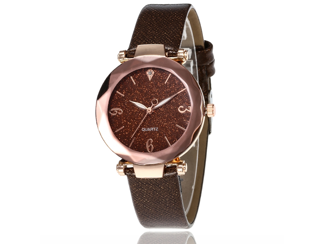 Relógio de Pulso Feminino com Pulseira de Pu Analógico Quartz Elegante Moda Café
