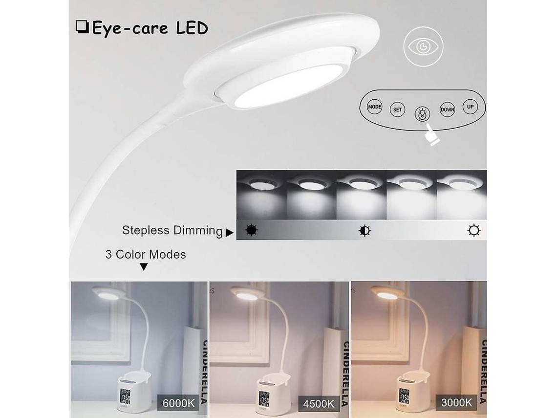 Lâmpada De Escritório Led 2025 Com Relógio, Bateria Recarregável E Porta-lápis Para Quarto De Crianças (5.5w)