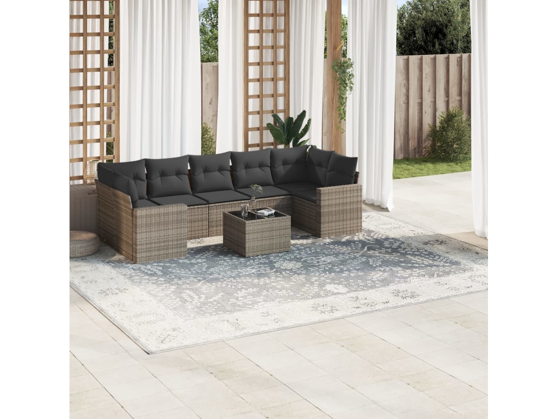 Vidaxl 8 Pcs Conjunto Sofás De Jardim C/ Almofadões Vime Pe Cinzento