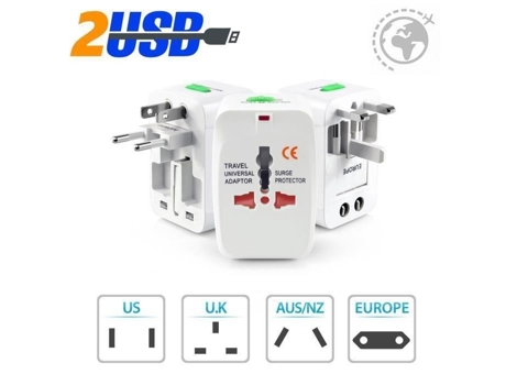 Adaptador de viagem - SKMEI - Tudo em um - 2 portas USB - Branco - Retangular SKMEI