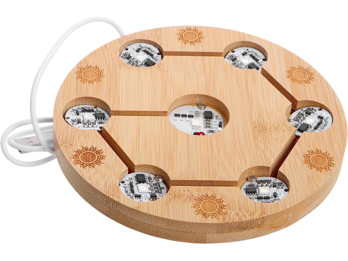 Base Redonda Iluminada Para Bola De Cristal De Madeira Maciça Com 7 Leds Ajustáveis E Conexão Usb.