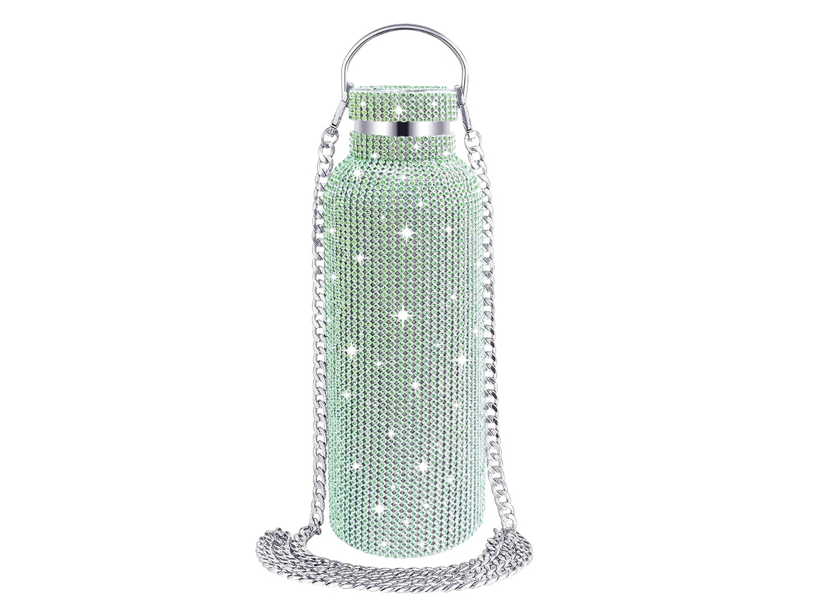 Garrafa Térmica De Aço Inoxidável De 500 Ml (17 Oz), Com Glitter E Strass. Verde Panoona