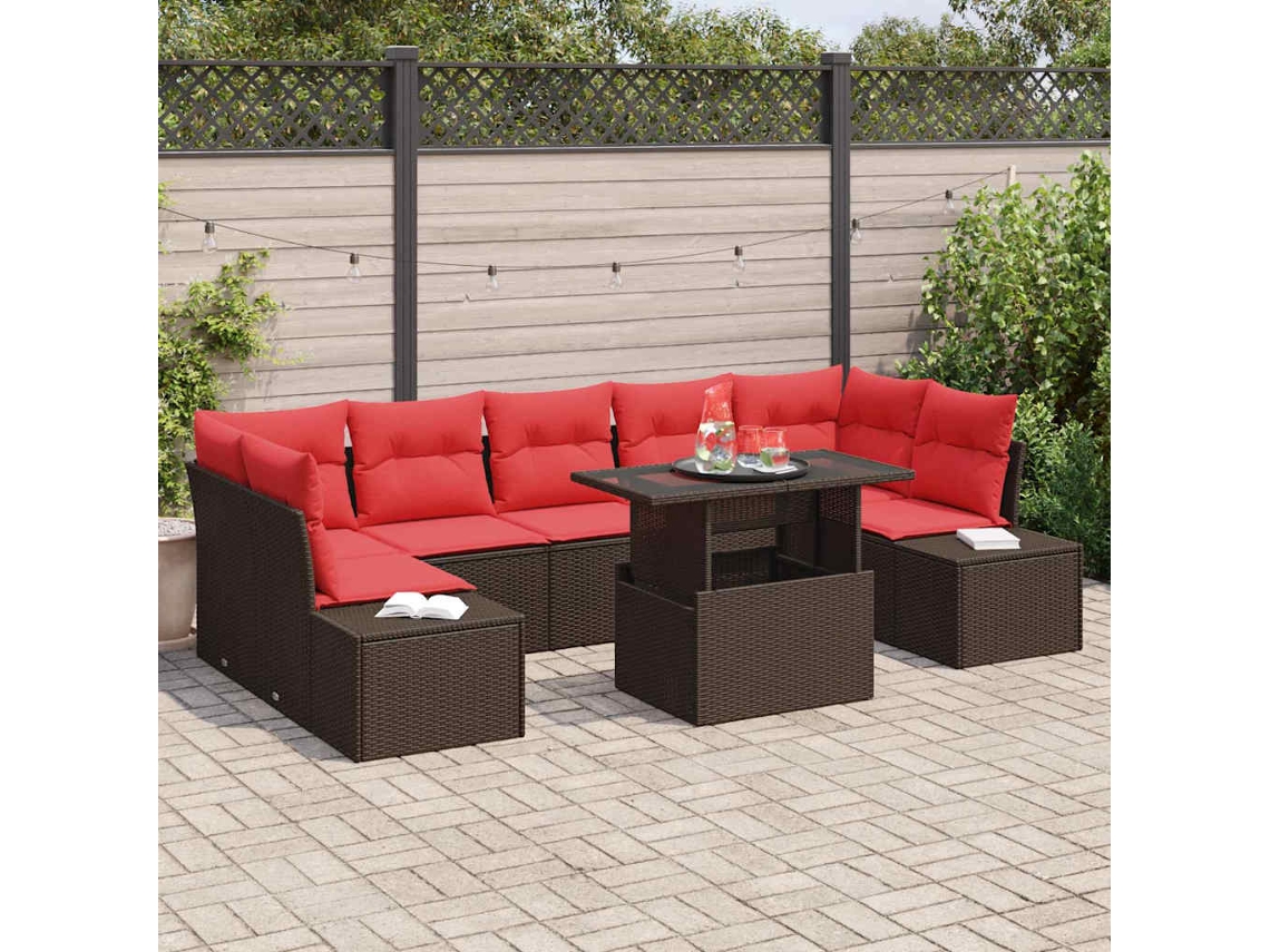 Vidaxl Conjunto De Sofá De Jardim 8 Pcs Marrom E Vermelho Vime Pe