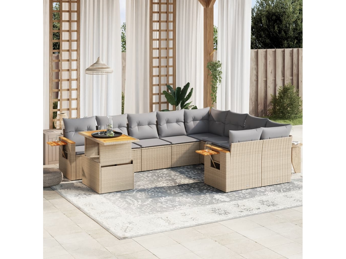 Vidaxl 10 Pcs Conjunto De Sofás P/ Jardim Com Almofadões Vime Pe Bege