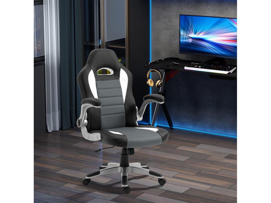 Silla De Escritório Ajustável, Cadeira De Escritório Com Braços Rebatíveis, 5 Rodas, Carga 120 Kg, 65x69x112-122 Cm Cinza