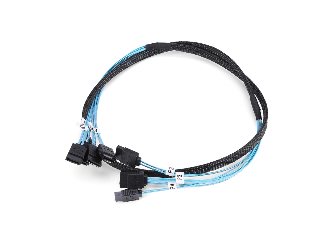 Cabo Mini Sas Sff 8087 1m 12gbps, 4x Sata 7pin, Azul Preto Luz Dourada