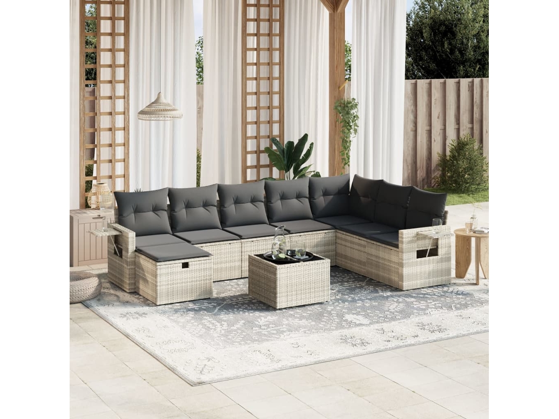 Vidaxl 9 Pcs Conj. Sofás Jardim com Almofadões Vime Pe Cinzento claro