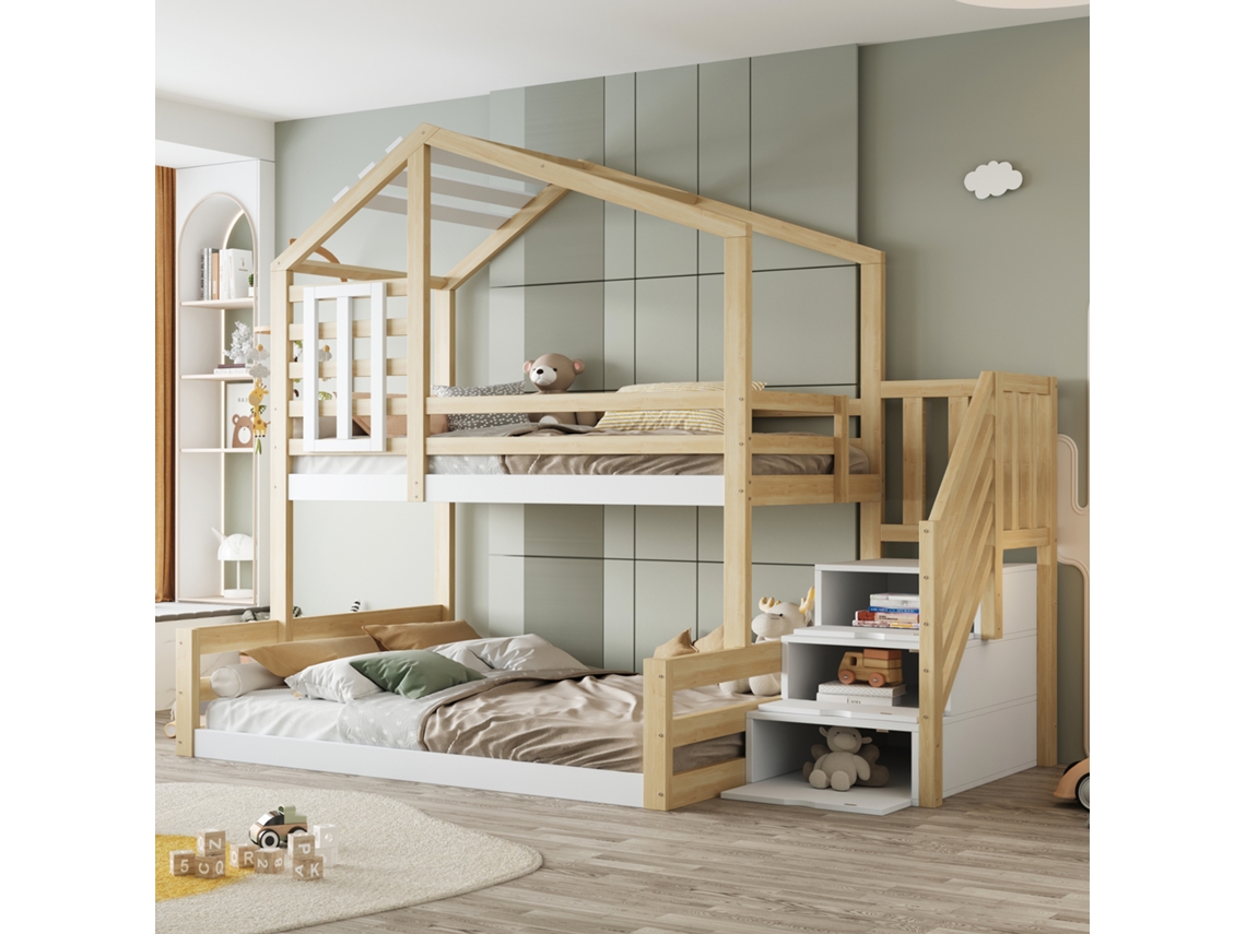 Beliche 90x200cm Em Pinho Maciço, Cama Com Janela, Guarda-corpo E Escada Com Gavetas Para Guardar Itens.