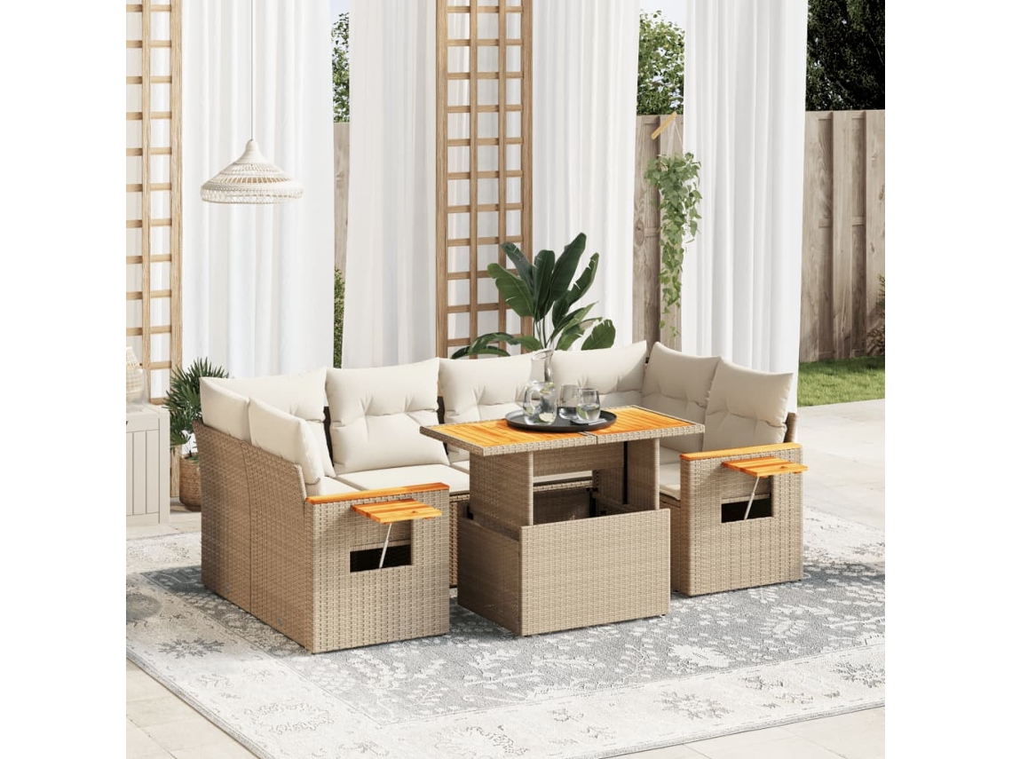 Vidaxl 7 Pcs Conjunto De Sofás P/ Jardim Com Almofadões Vime Pe Bege
