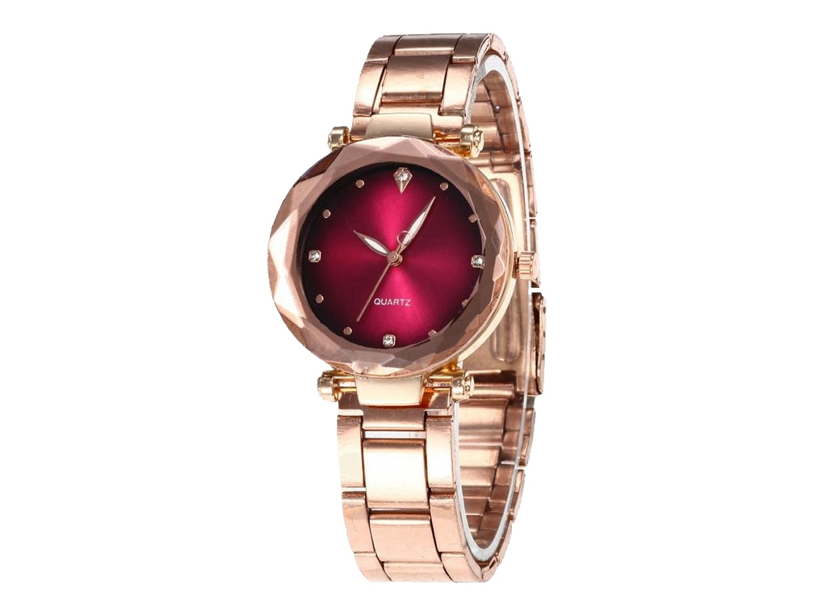Relógio de Quartzo com Pulseira de Metal para Mulher Estilo Simples e Elegante Rosa Intenso