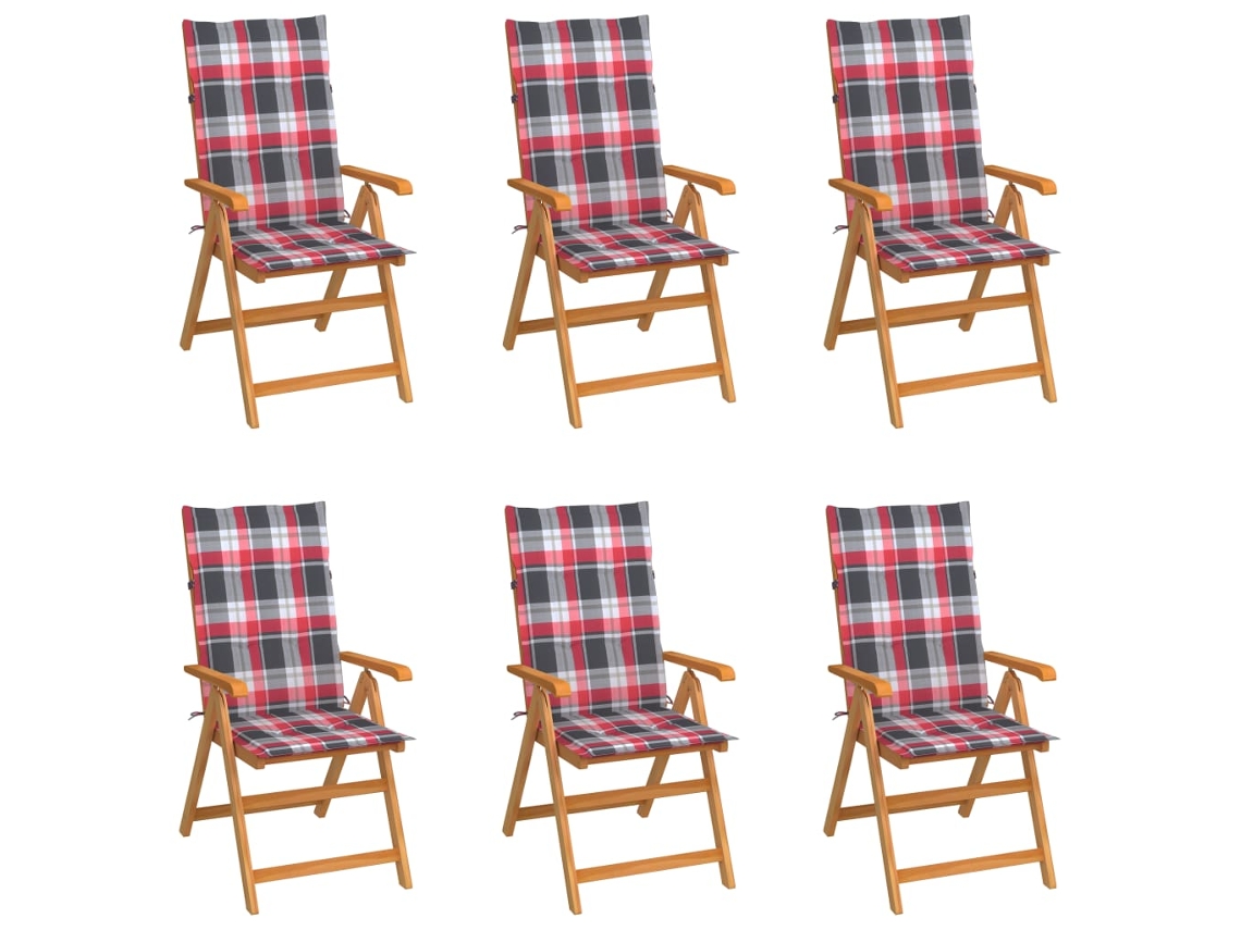 Vidaxl Conjunto De 6 Cadeiras Dobráveis Com Almofadas Em Padrão Xadrez Vermelho E Madeira Maciça De Teca.
