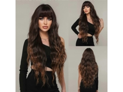 Peruca Castanha Comprida e Encaracolada, Peruca Castanha Ombré com Franja, Peruca Castanha com Mechas para Mulheres. TAISHENGDA