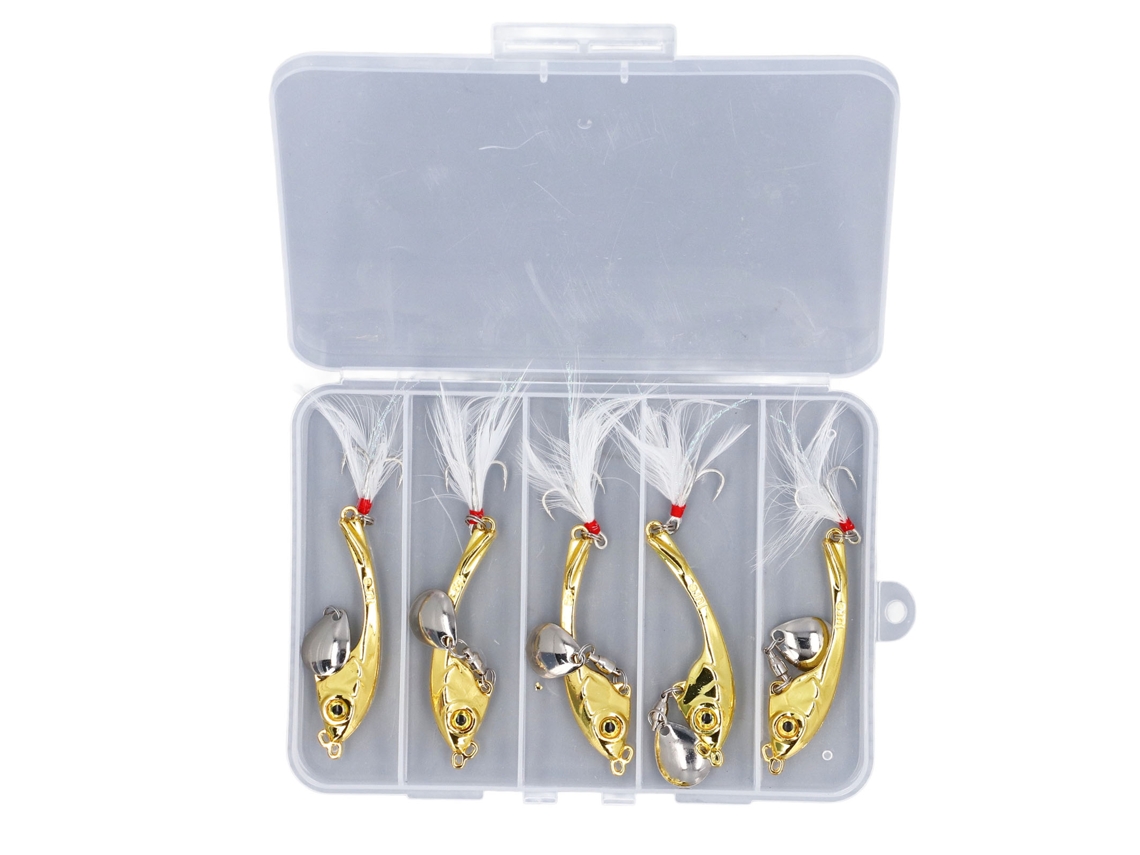 Lure Set (spinner Bait With Feather) 5pcs Vib Fishing Lure Kit With Tackle Box Gold
