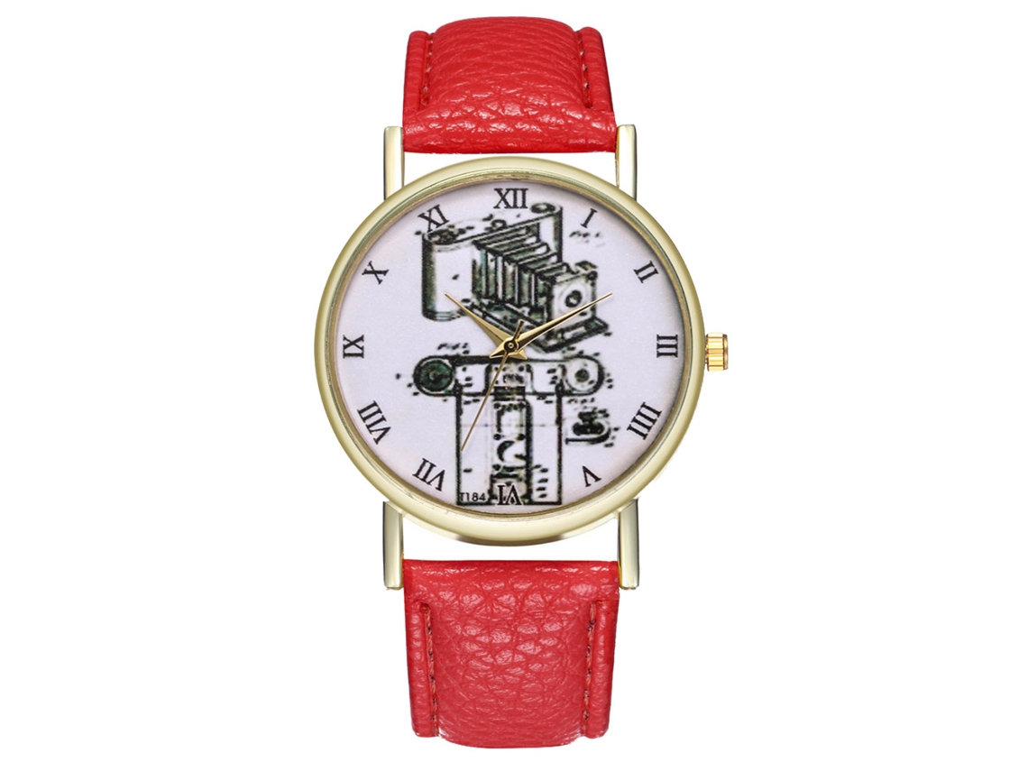 Relógio de pulso Zhoulianfa feminino e masculino com mecanismo de quartzo e pulseira de couro, modelo T303-a, na cor vermelha.