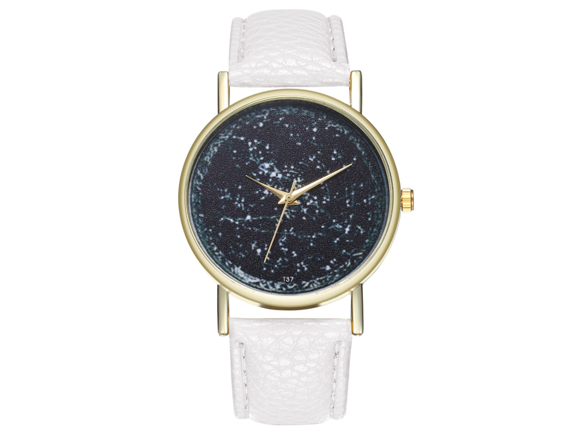 Relógio de quartzo unissex com pulseira de couro PU e mostrador com tema do universo (branco)