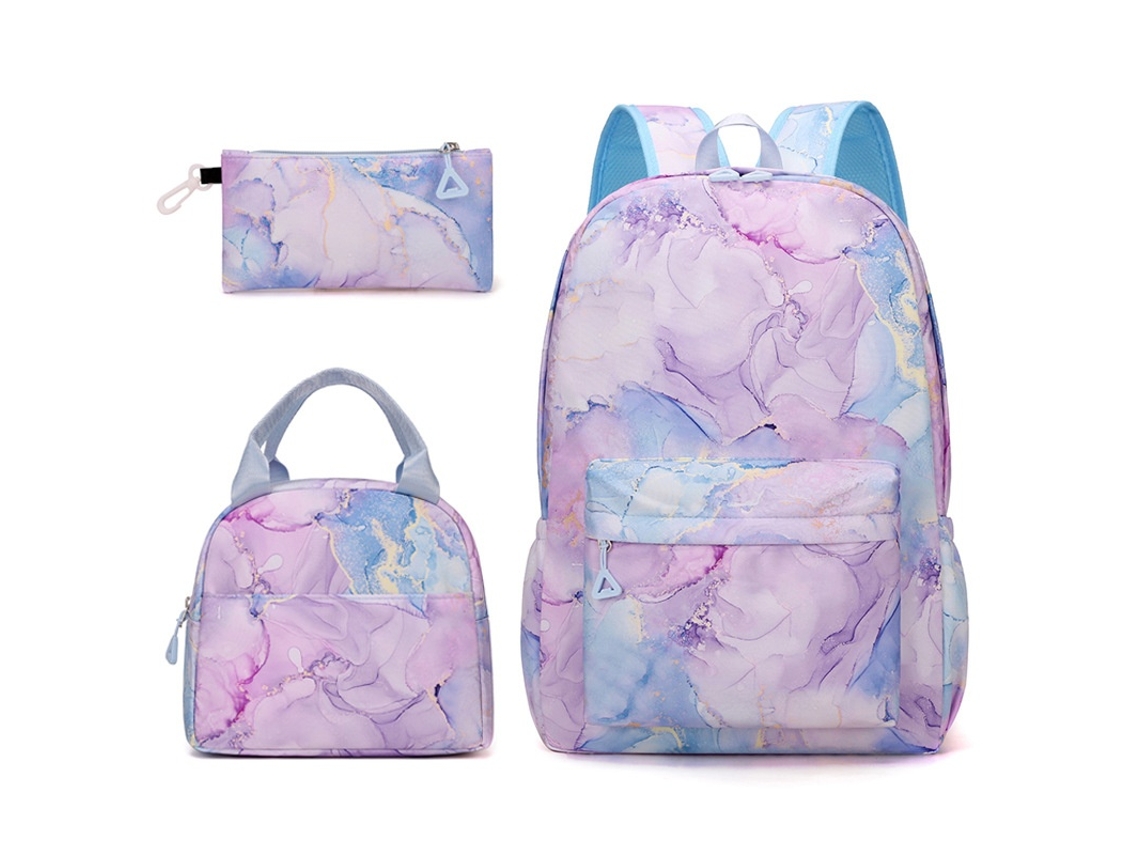 Mochila Lancheira Térmica 16 Polegadas E Estojo Lápis Azul Violeta (3 Peças) Elysve
