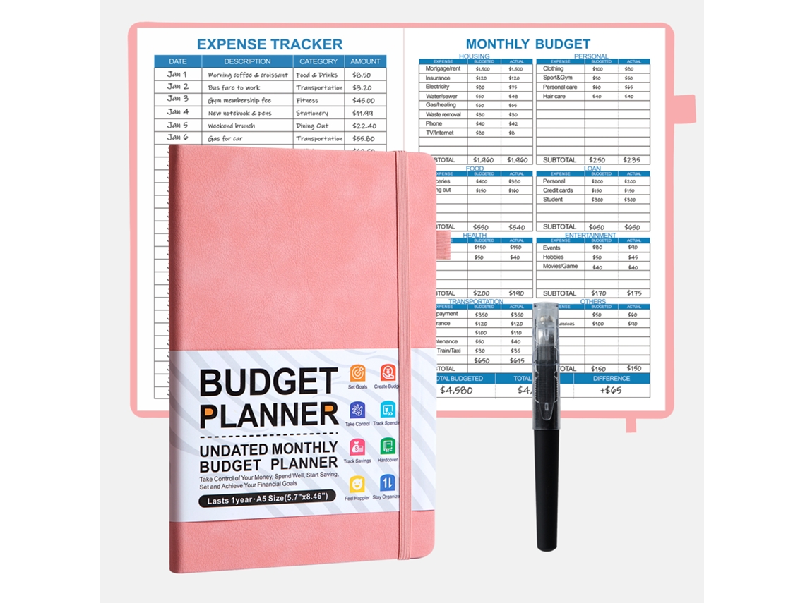 A5 Budget Planner Notebook With Elastic Closure Pink, 50-sheets, Includes Pocket Pen