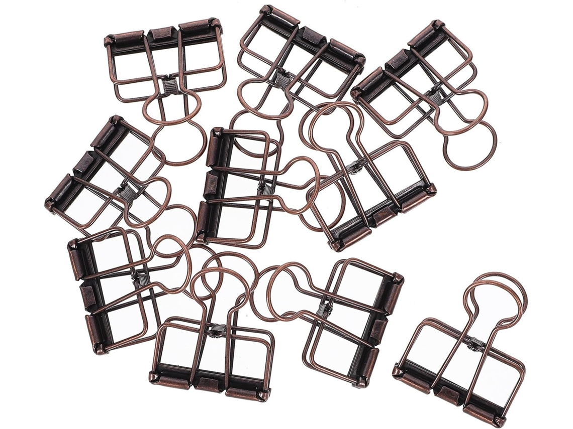 Pacote Nuobesty com 10 prendedores de arquivo leves em design metálico vintage, ideais para documentos e cartões.