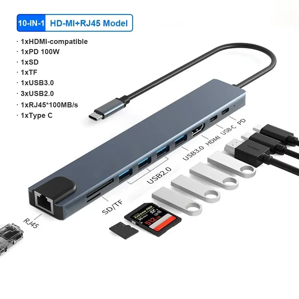 Hub Usb-c 10 Em 1, Multiportas, Para Macbook Pro E Air