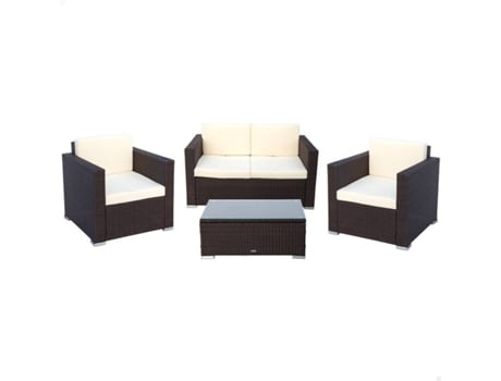 Poltrona + Sofá + Mesa AKTIVE (Preto - Aço, Rattan, Vidro, Poliester - 128x72x72 cm)