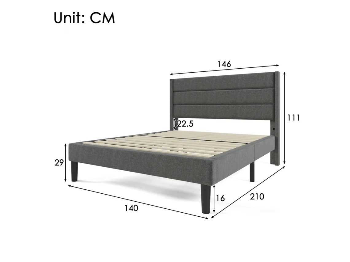 Cama Casal Estofada 140x200 Cm Com Estrado Ripado, Cabeceira, Linho Cinza Escuro, Design Moderno E Colchão Incluído