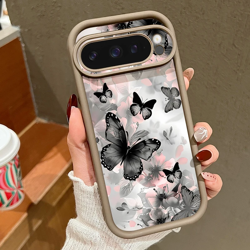(café) Capa Para Celular Google Pixel 9 Com Estampa De Borboletas E Flores, Tpu Macio À Prova De Choque