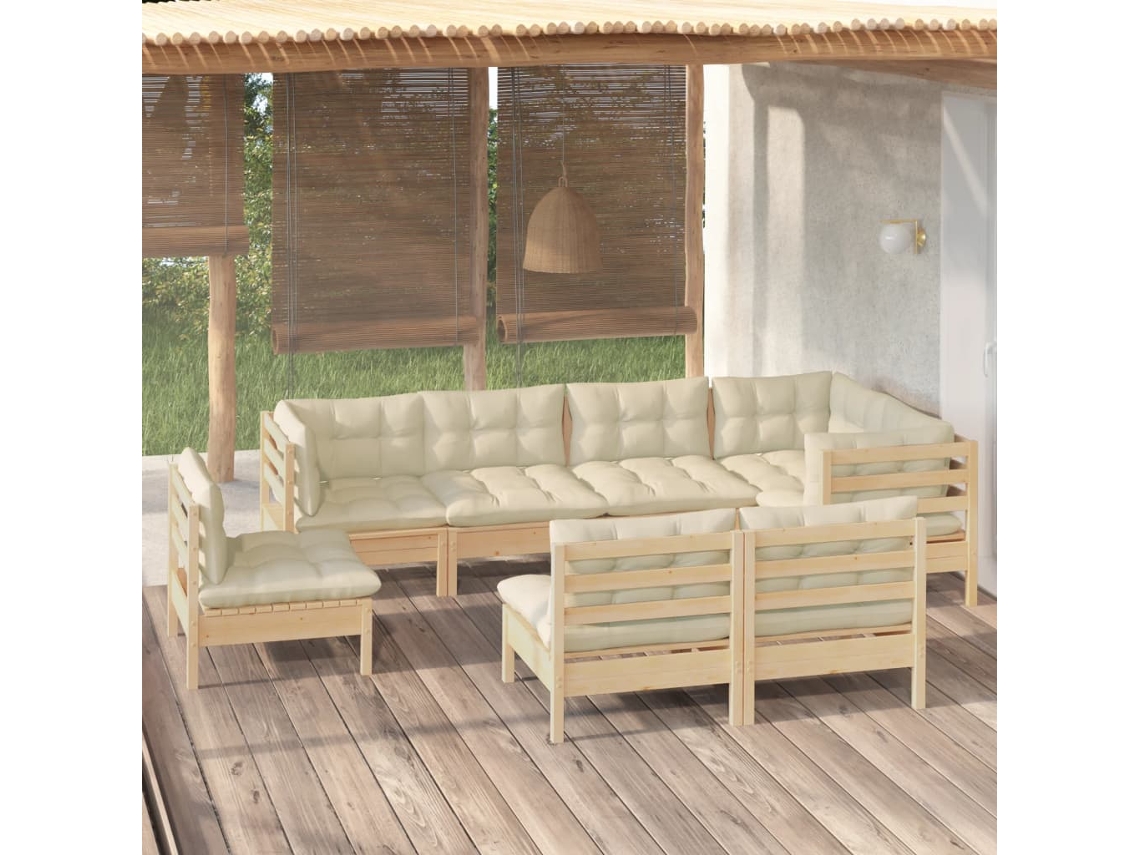 Vidaxl 8 Pcs Conjunto Lounge Jardim C/ Almofadões Creme Pinho Maciço