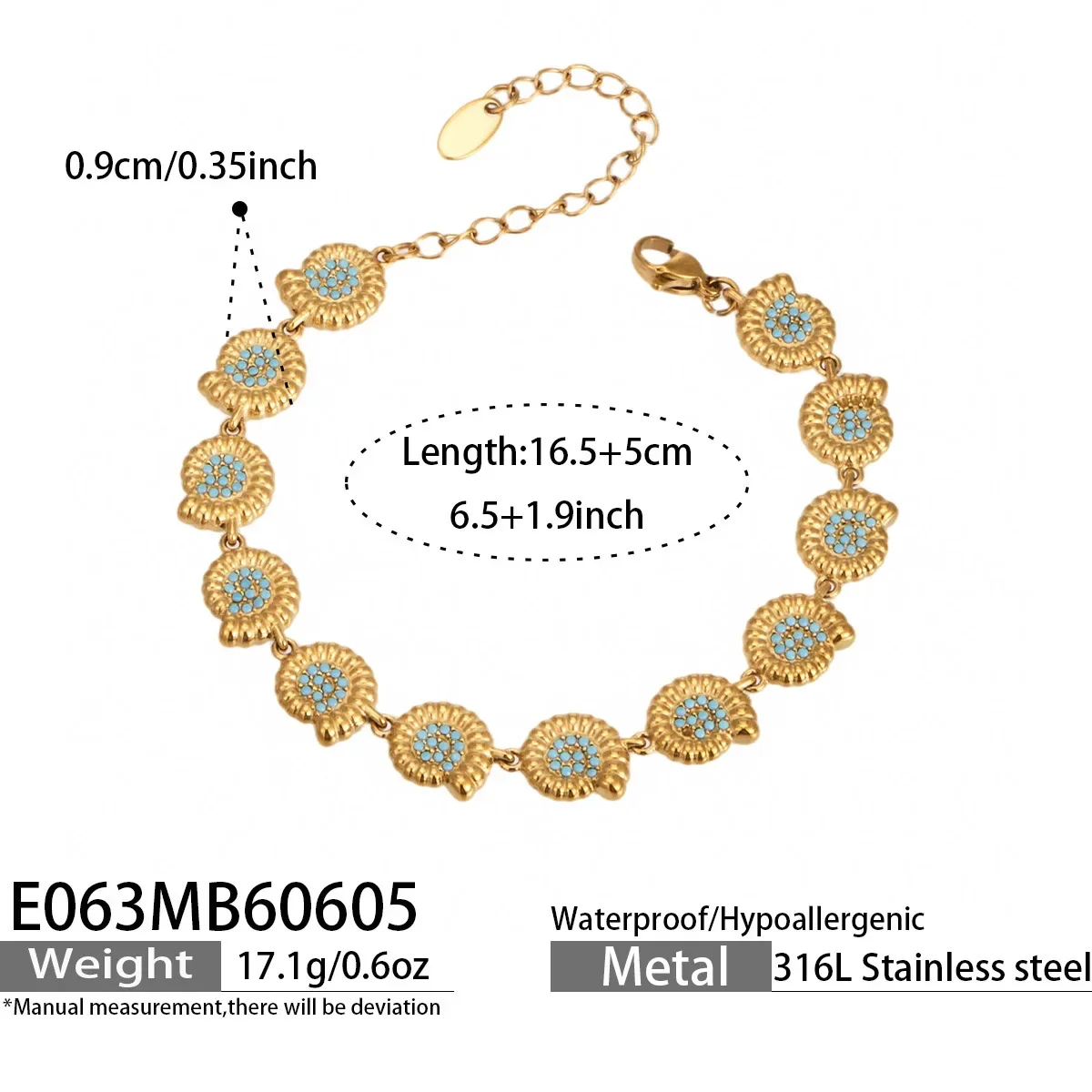 Pulseira Ocean Series Em Aço Inoxidável Banhado A Ouro Com Turquesa Incrustada