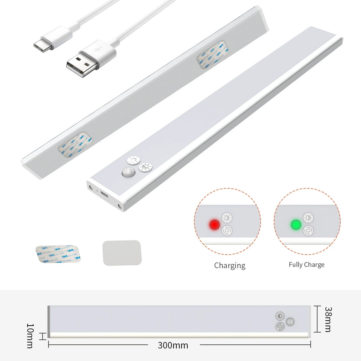 Luz De Armário Led Sem Fio Ultra Fina Com Sensor, Recarregável Usb. 3 Cores: Branco, Amarelo, Branco Quente. Prata, 3.7v