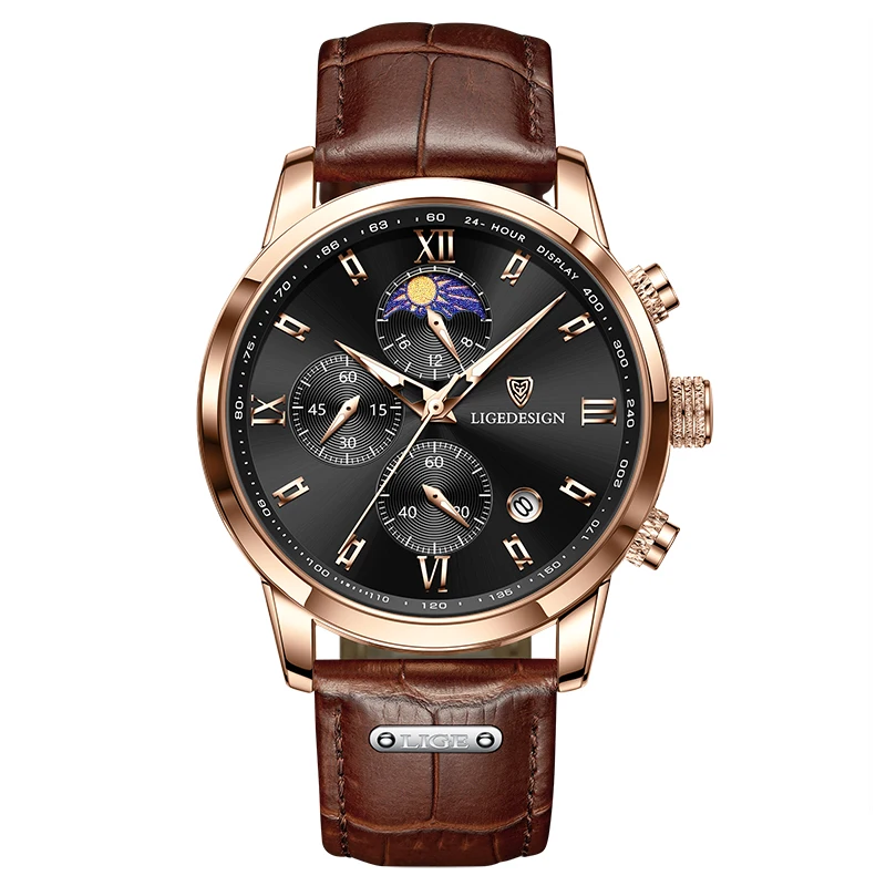Relógio Casual (dourado E Preto), Couro De Luxo, Relógio Esportivo À Prova D'água Com Mecanismo De Quartzo E Cronógrafo.