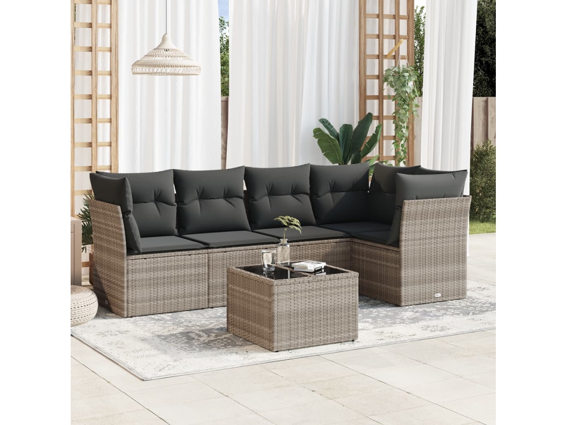 Vidaxl 6 Pcs Conj. Sofás Jardim Com Almofadões Vime Pe Cinzento-claro