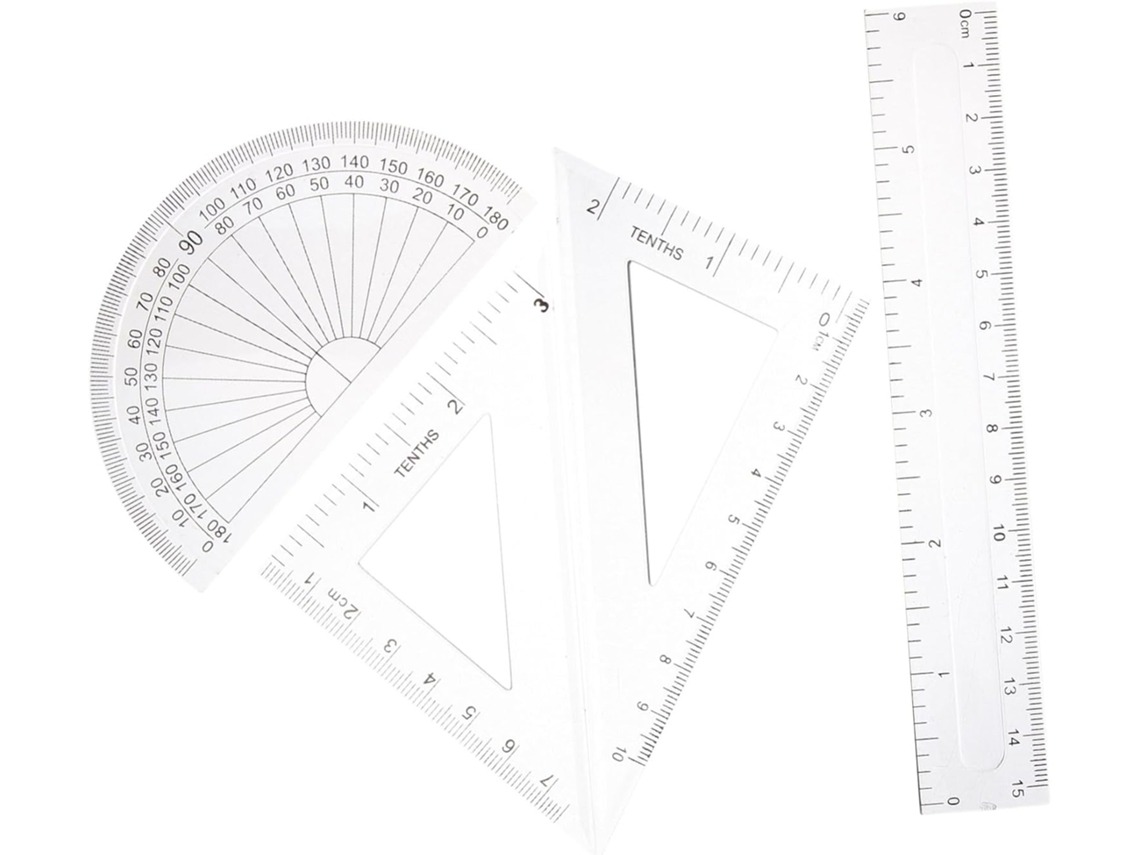 Conjunto de 4 réguas matemáticas transparentes de plástico, incluindo réguas de linha e de transferência, para material escolar.