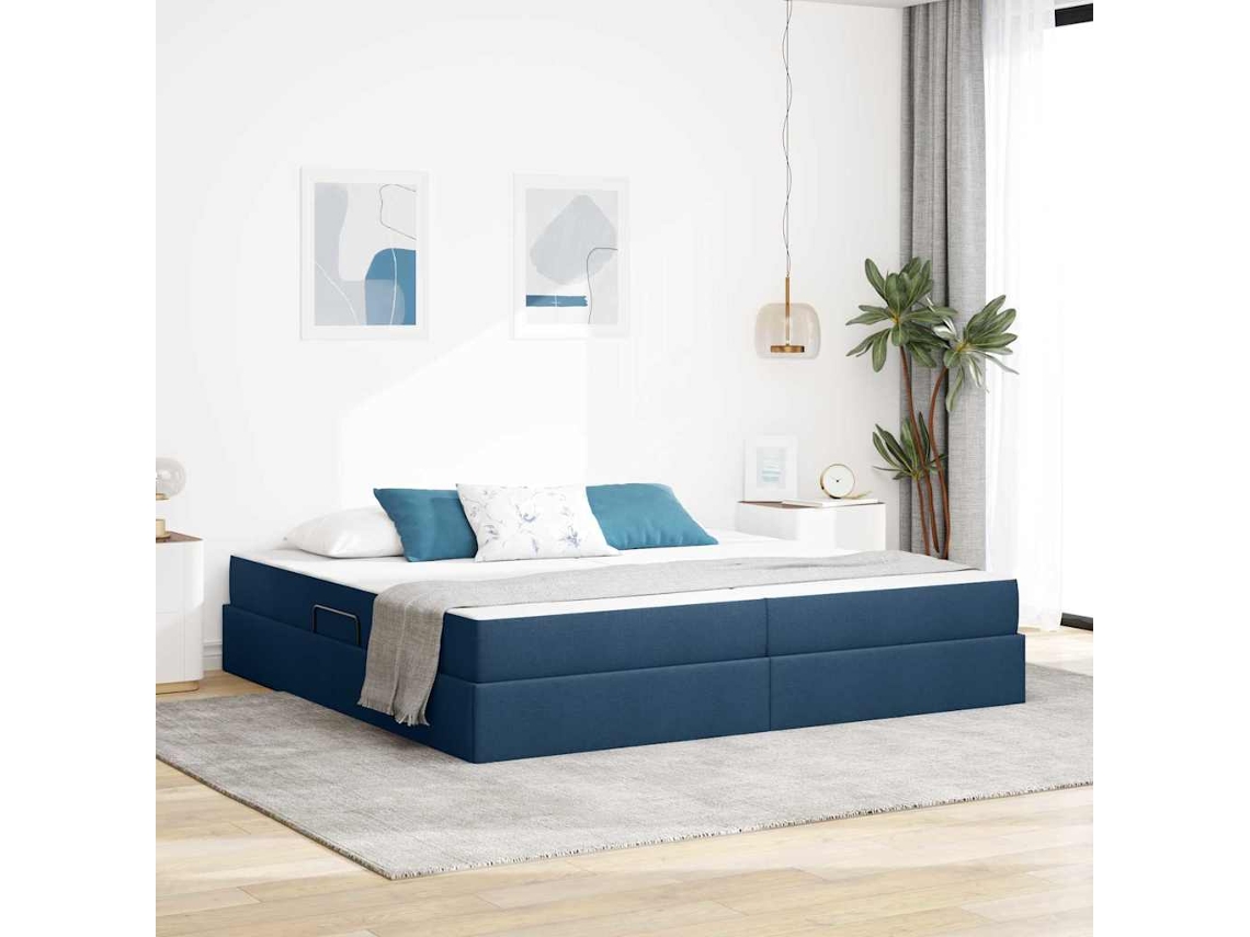 Vidaxl Cama Com Arrumação E Colchão Azul 200 X 200 Cm Poliéster