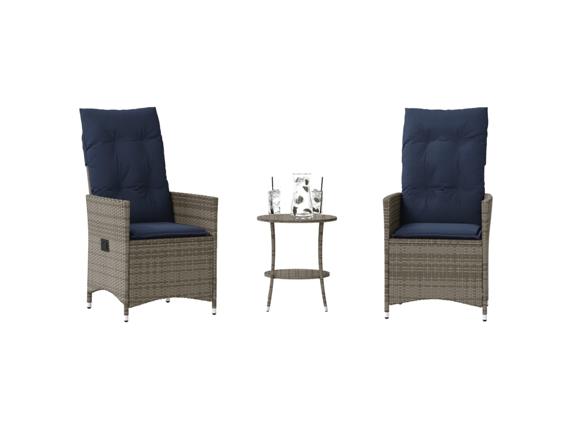 Vidaxl Conjunto Bistro De 3 Peças Com Almofadas Em Rattan Sintético Cinza