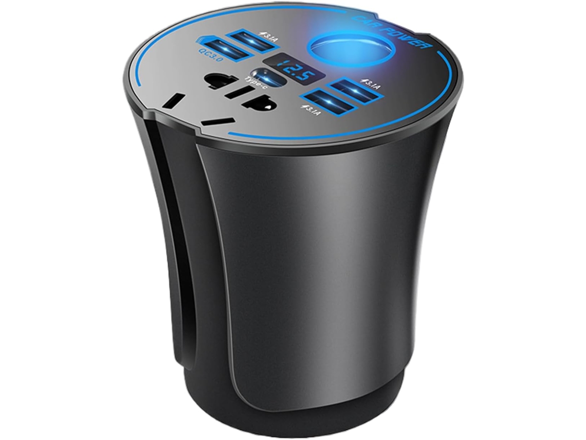 Carregador veicular com suporte USB-C, acessório multifuncional para carro.