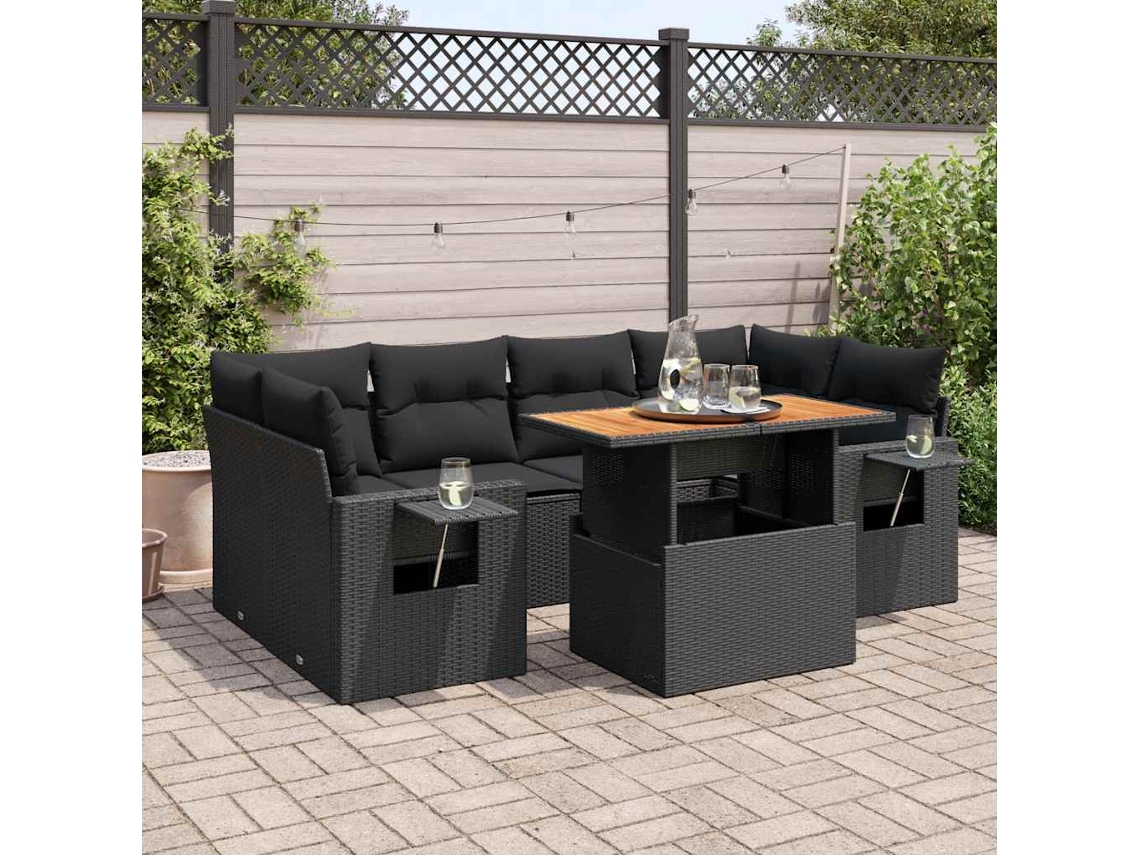 Vidaxl 7 Pcs Conjunto De Sofás P/ Jardim C/ Almofadões Vime Pe Preto