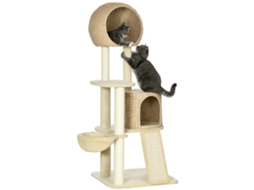 Árvore Para Gatos Com Poste Arranhador De Sisal Natural, 2 Nichos, Plataforma, Rede, Jacinto-d'água Macio - 60 X 60 X 150 Cm Bege