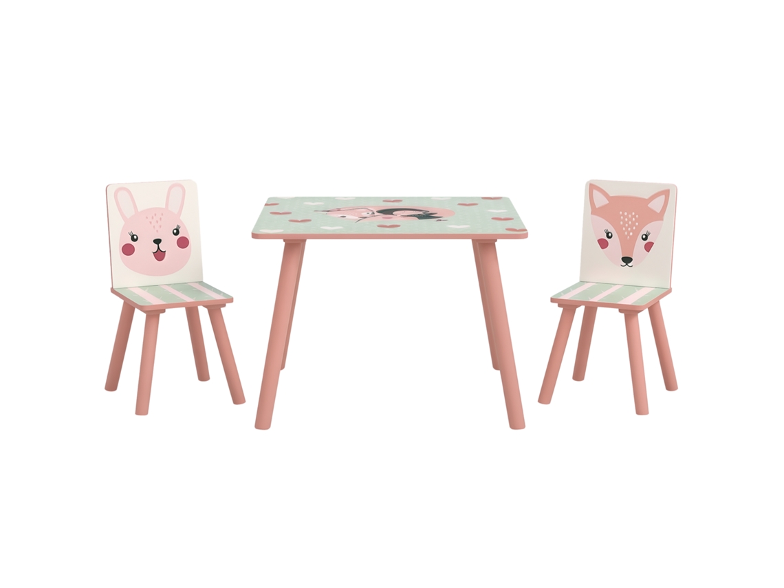 Conjunto mesa e cadeira infantil 3 peças, 3 a 8 anos, MDF pinho, desenho animal rosa BTFORUS