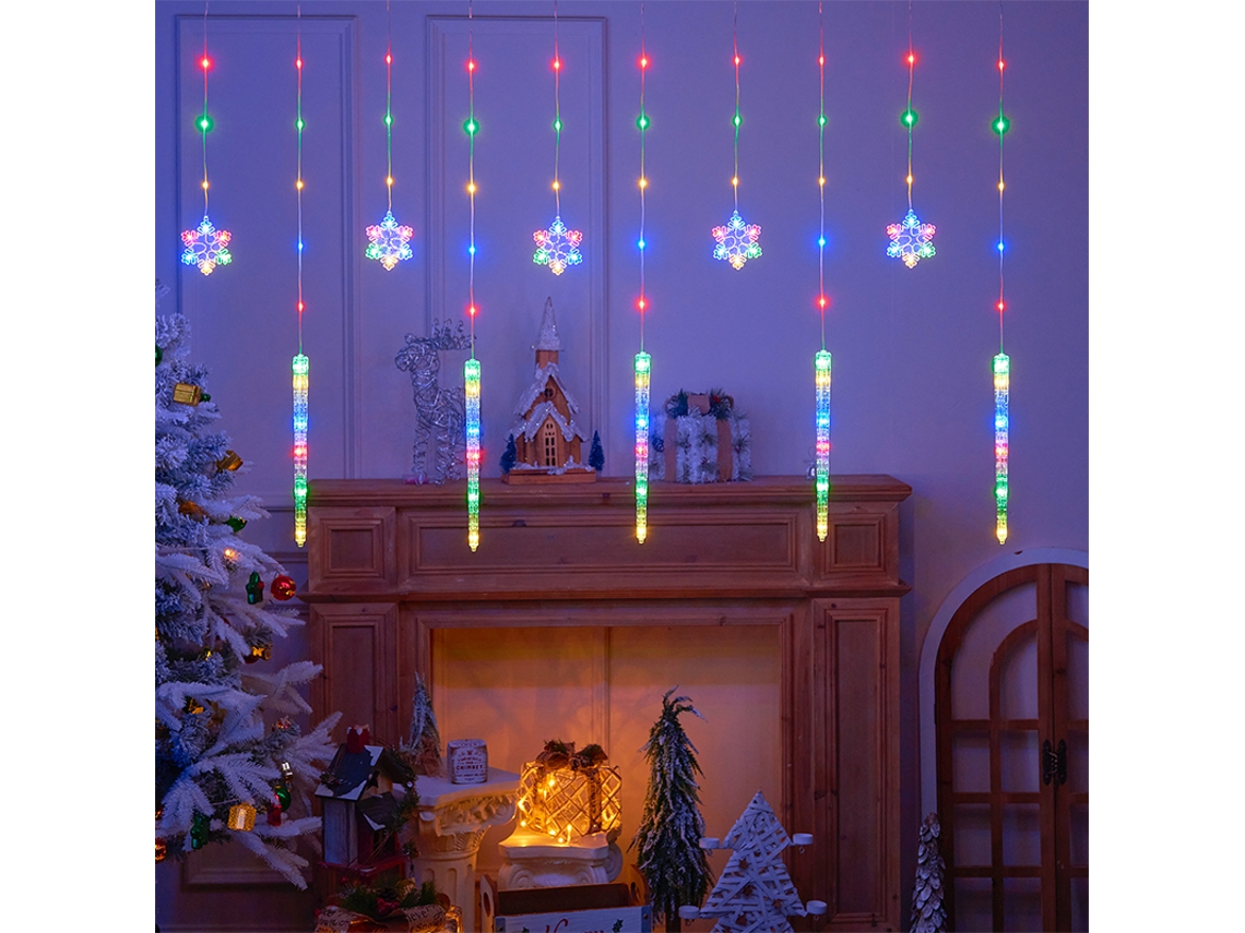 Cordão De Luzes De Natal Em Led, Com Padrão De Flocos De Neve E Cristais De Gelo. Pilhas Incluídas.