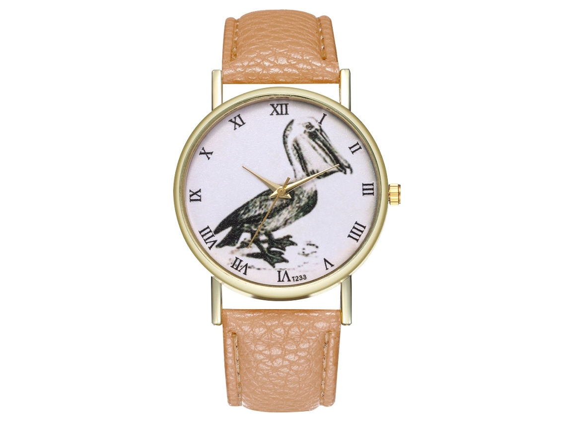 Relógio feminino Zhoulianfa de quartzo com pulseira de couro PU e mostrador redondo bege com estampa de pássaros.