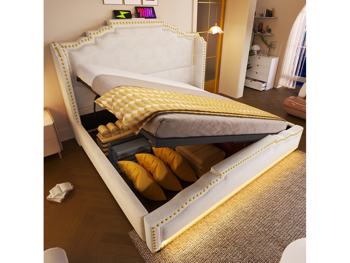 Cama 140x200 Bege Com Armazenamento Hidráulico Led Usb-c Sem Colchão