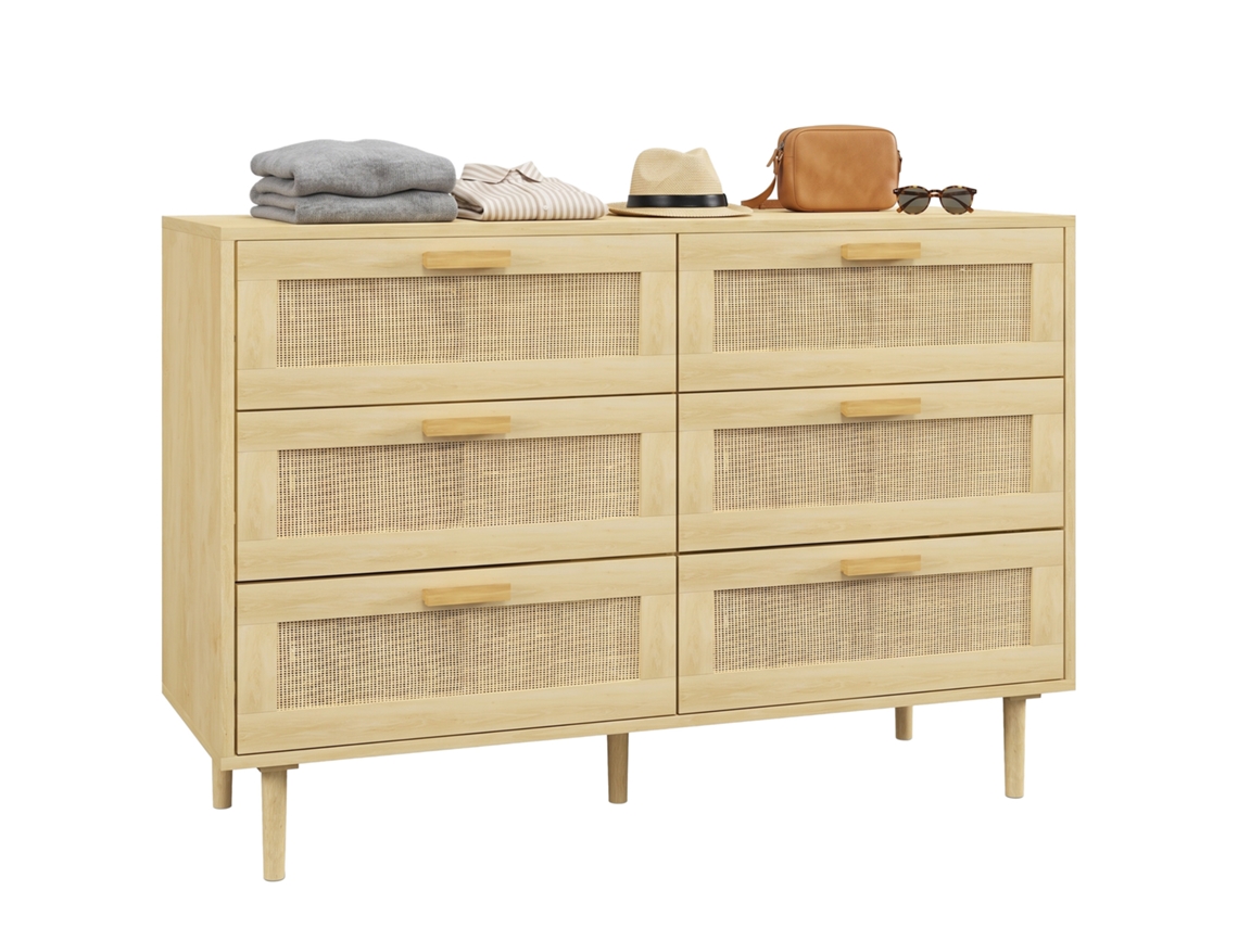 Cômoda Com 6 Gavetas Em Rattan Trançado, Dimensões 110 Cm (comprimento) X 40 Cm (largura) X 75 Cm (altura), Acabamento Em Madeira Clara.